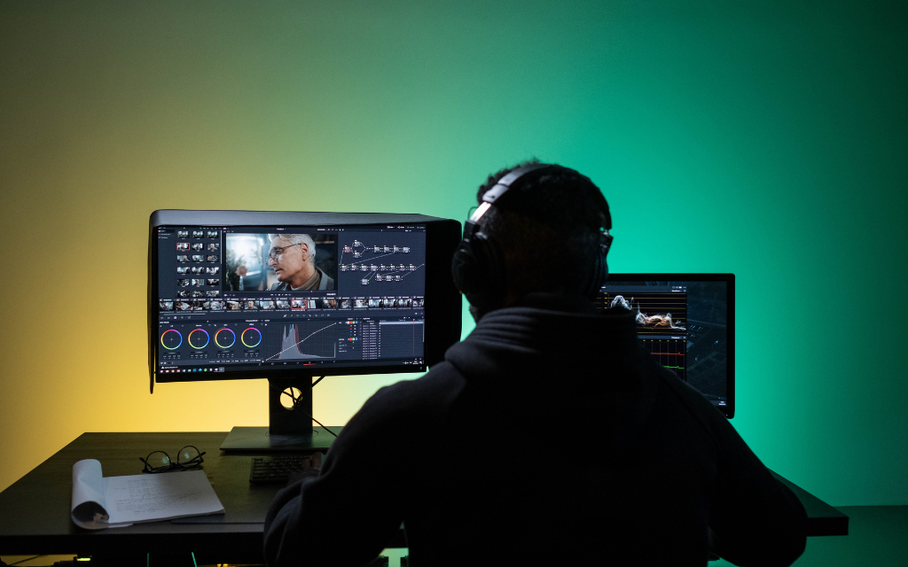 a man editing video with two monitors in a green and yellow background