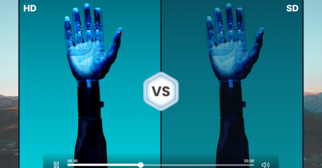 A robotic hand displayed in HD and SD video quality.