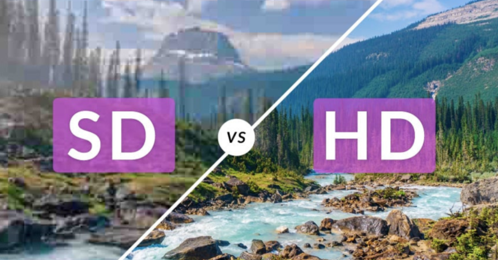 A split comparison of a river landscape in HD and SD quality.