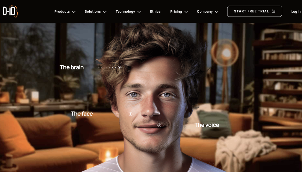 Close-up of a young man's face highlighted with points labeled 'The brain', 'The face', and 'The voice' on the D-ID website.