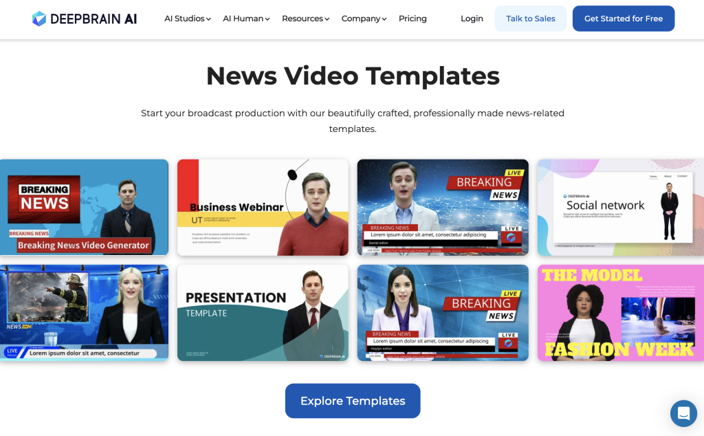 Selection of news video templates featuring AI avatars from DeepBrain AI's website.