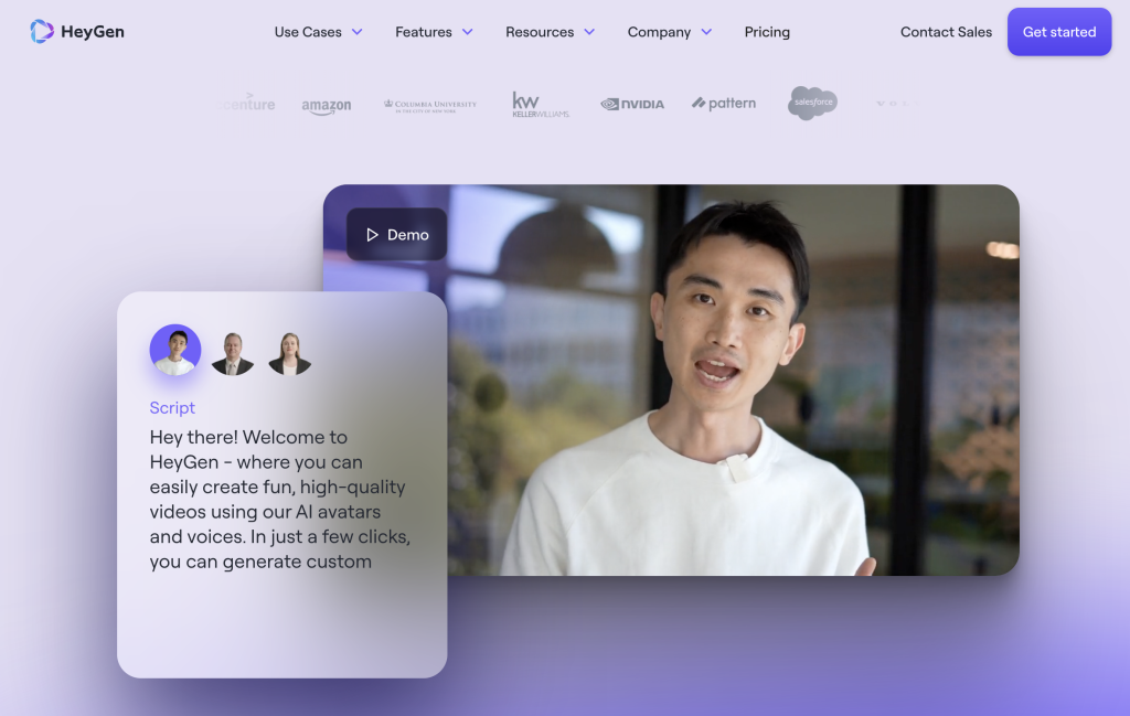 Heygen's homepage showcasing an AI avatar and inviting users to create high-quality videos.