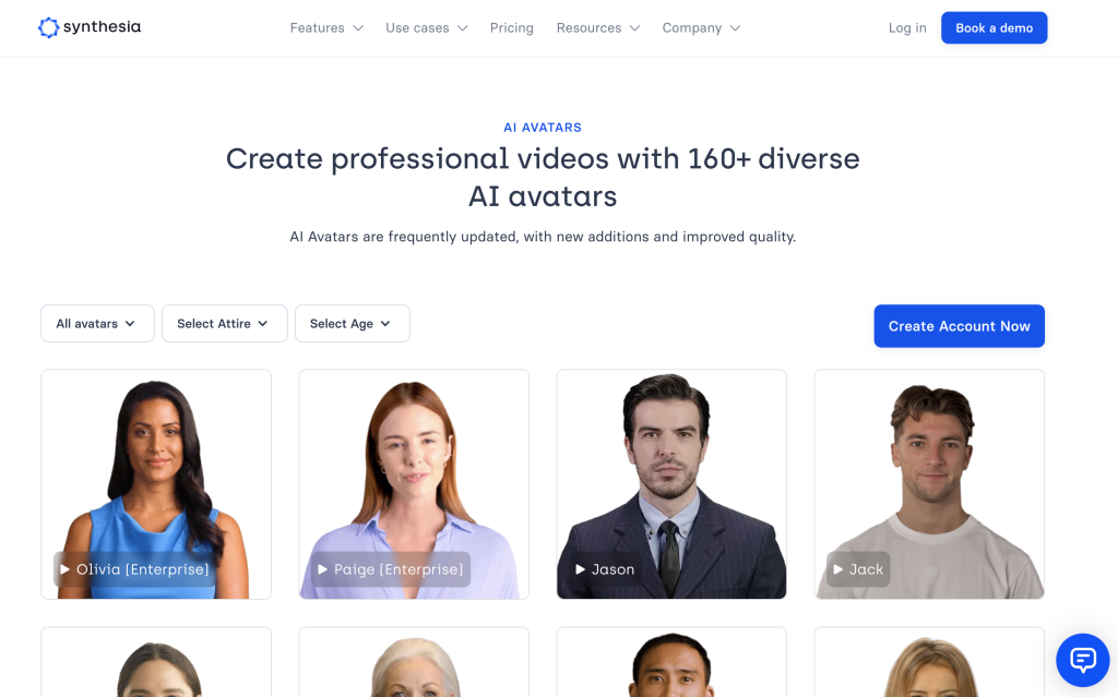 Synthesia's selection of professional AI avatars on their website.