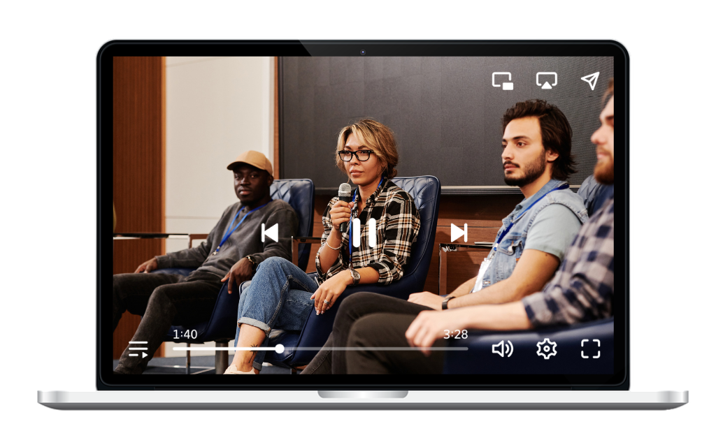 woman giving speech in the frame of laptop