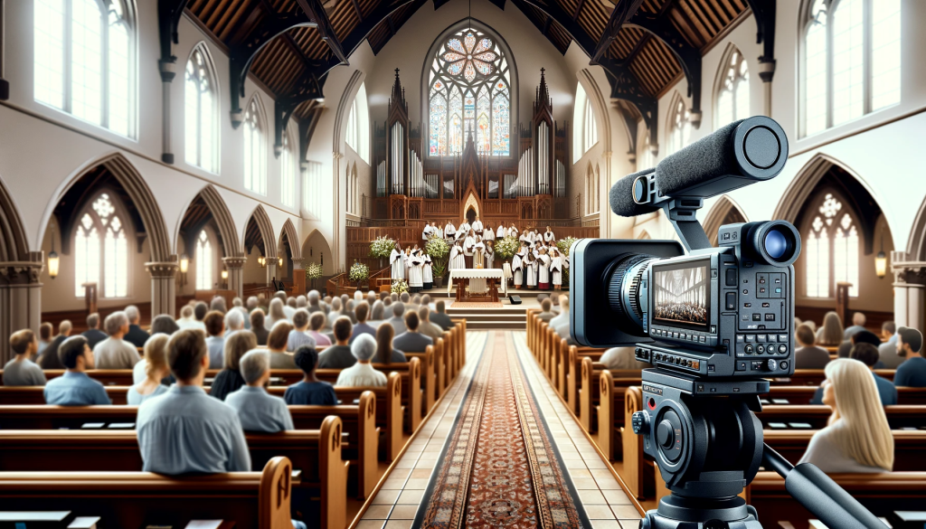 Church interior during worship service with a prominent video camera on a tripod displaying a live feed on its screen, featuring the choir and pastor, amidst traditional church settings with stained glass windows.