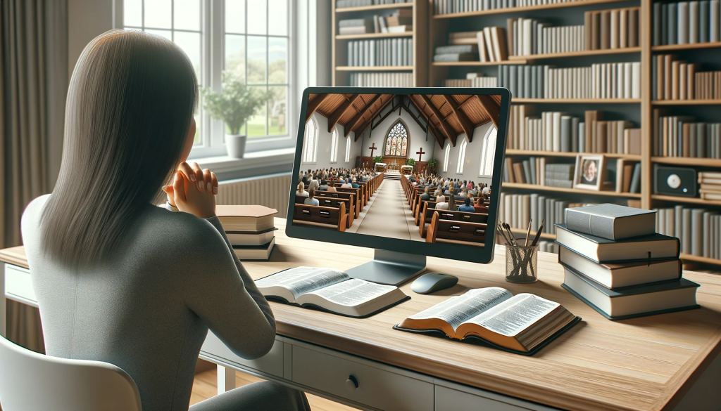 Woman in a minimalistic study room watching a church service on a large laptop, with an open Bible on the desk, symbolizing remote worship and study.