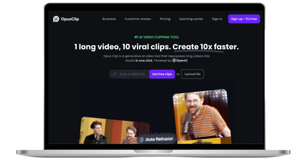 Screenshot of Opus Clip's homepage promoting its AI video clipping service.