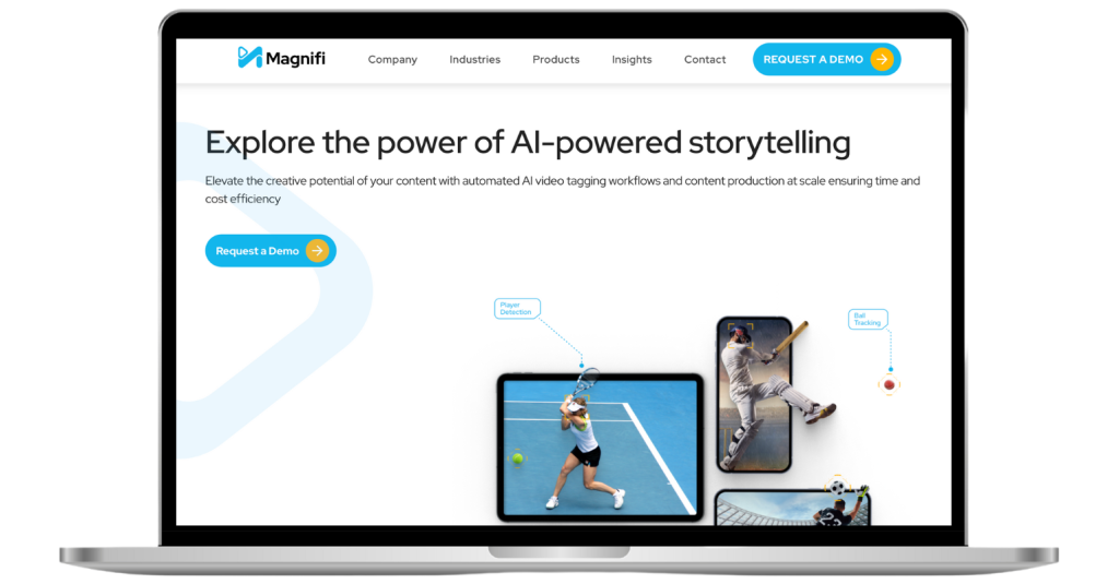 Magnifi's homepage showcasing AI-powered video tagging and storytelling.
