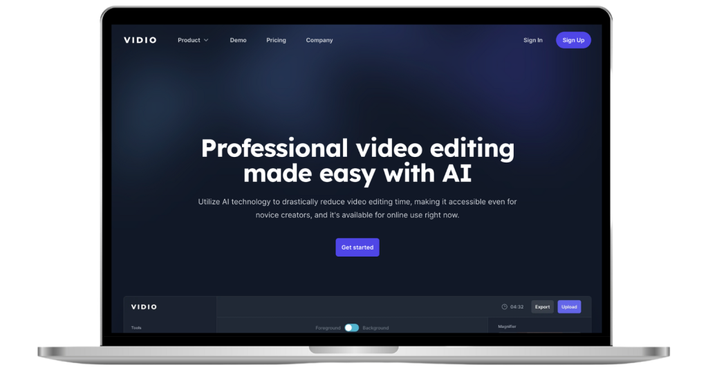 Vidio AI's homepage advertising easy professional video editing with AI.