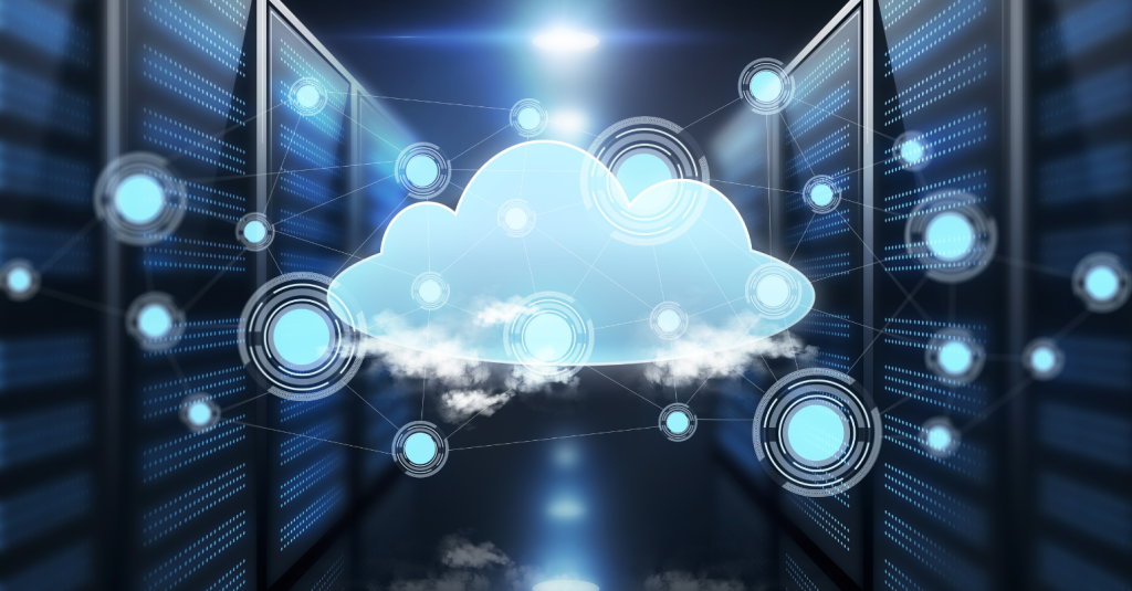 Cloud computing graphic over data servers.