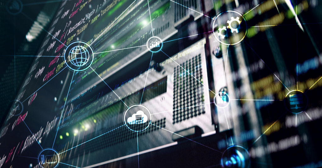 Network of servers with data and analytics icons.