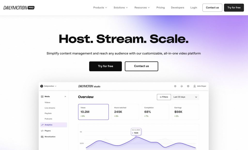 Dailymotion pro's website showing the analytics screen